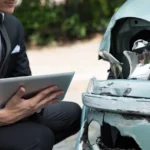 Suited person with checklist looking at car headlight